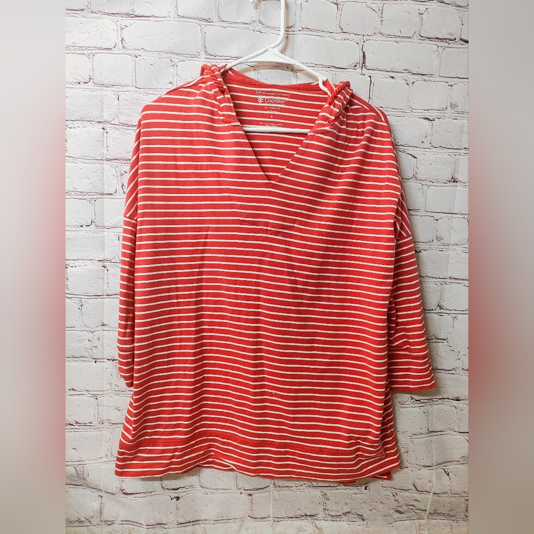 Coolibar Upf 50 Colony Beach Hoodie Striped Peach Pullover Hood Small